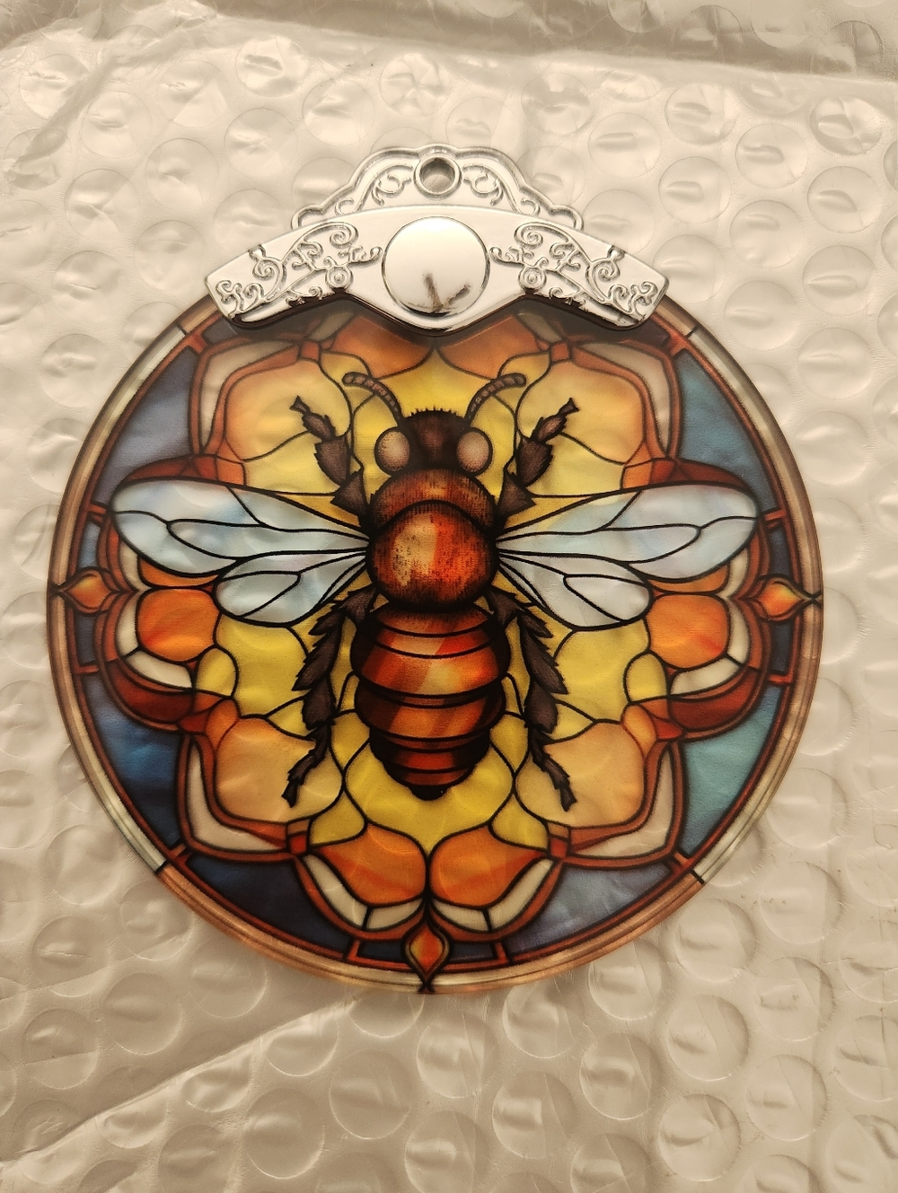 Stained Glass Bee Suncatcher - Amber Yellow and Blue